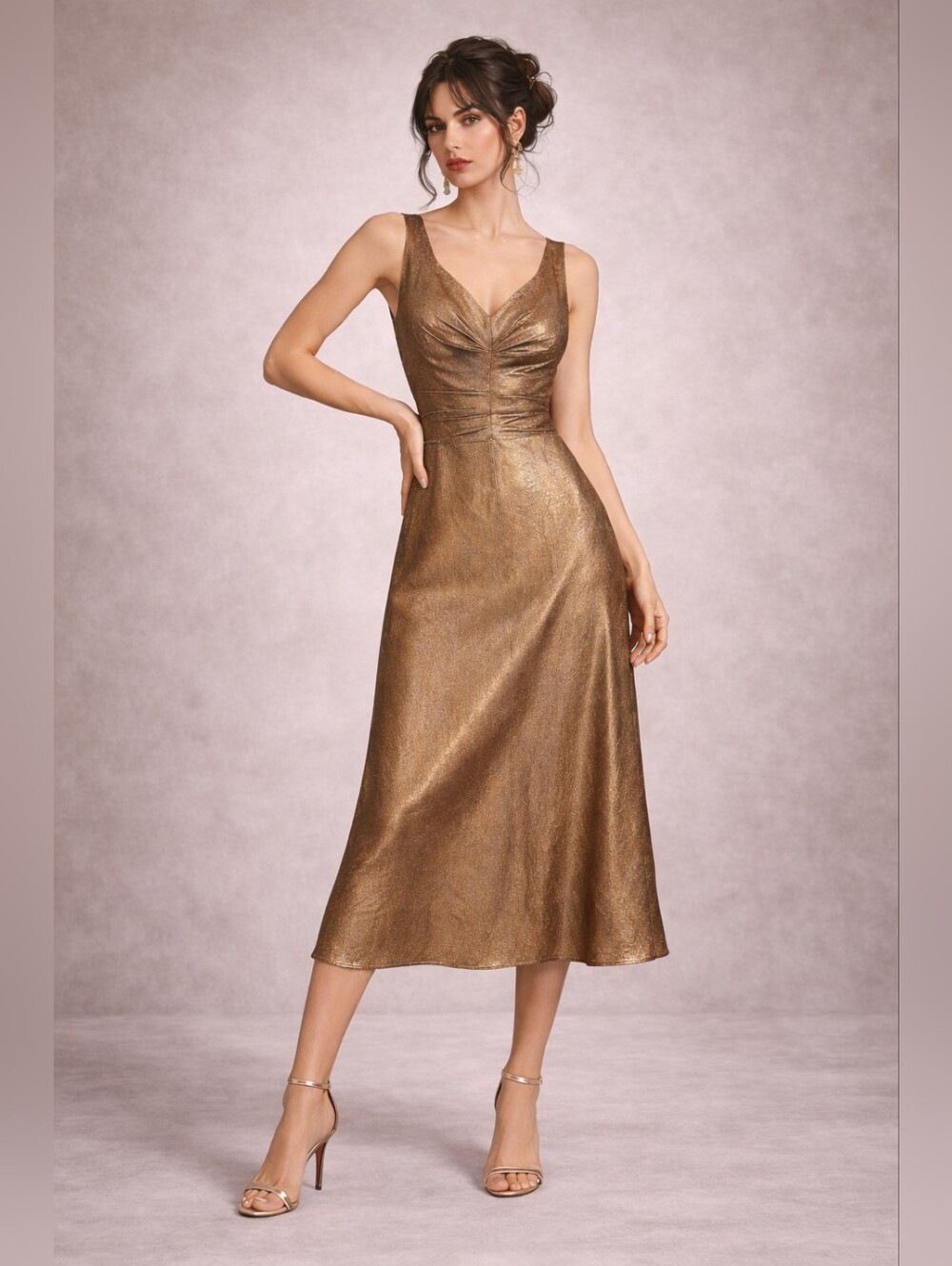 Vintage Antique Gold Midi Dress Sleeveless with Pleated Bust and V-Back